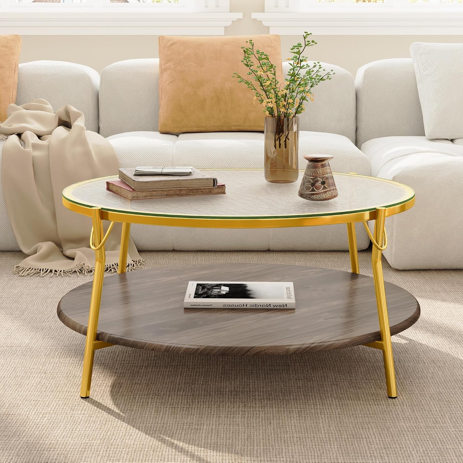 32.7'' Tempered Glass Round Coffee Table for Living Room, 2-Tier Modern Circle Coffee Table, Glass Tabletop & Metal Base, Easy Assembly, Gold & Walnut