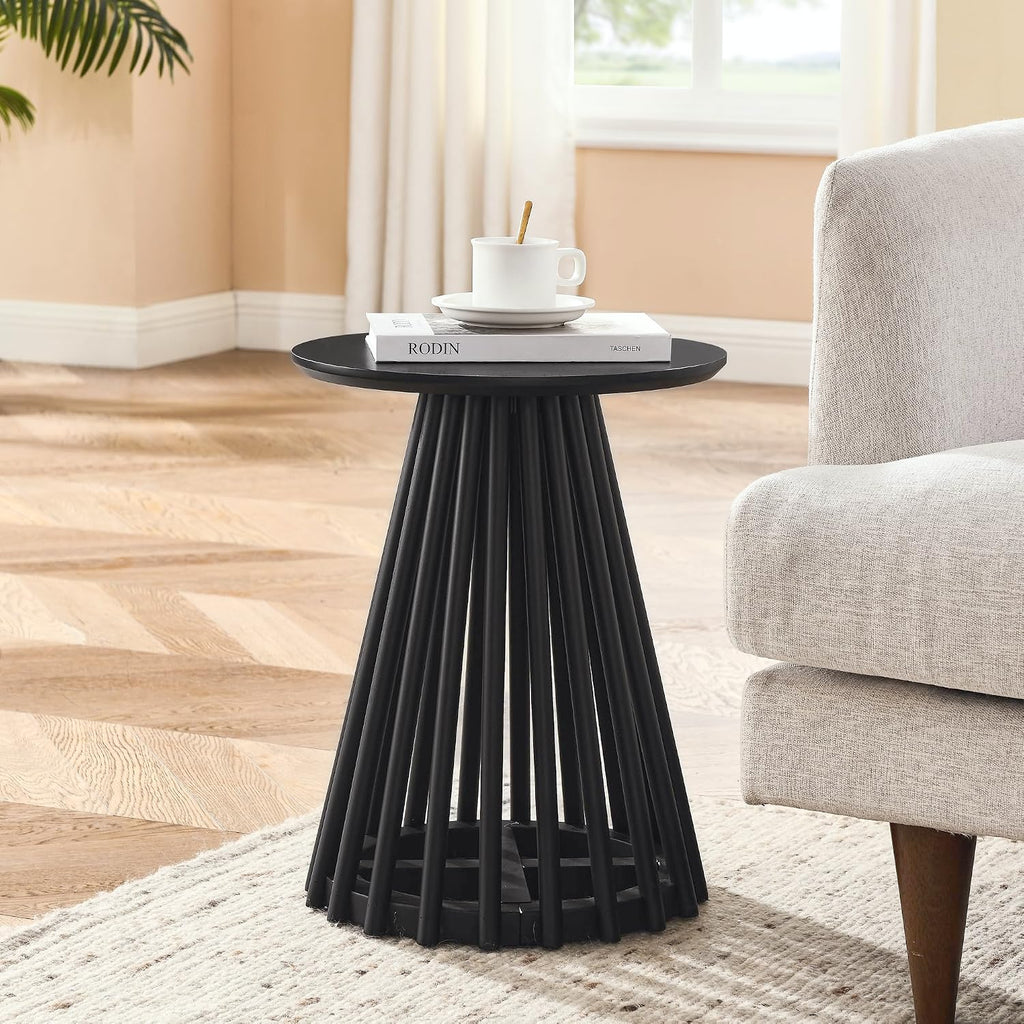 KEVINSPACE Round Coffee Table Solid Wood Nesting End Table Set of 2 Wood Side Table Circle Modern Accent Tables Farmhouse Circle Side Table Sets for Small Spaces Living Room Apartment Bedroom Black