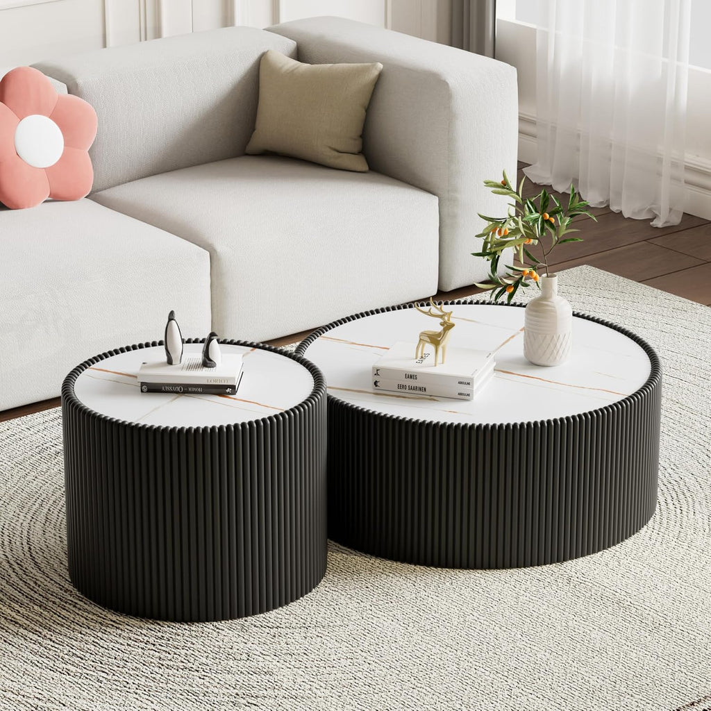 Modern Round Coffee Table Luxury Sintered Stone Top Coffee Table in Black Leatherette Creative Drum-Shape Cocktail Center Table for Living Room Bedroom,Fully Assembled