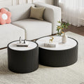 Modern Round Coffee Table Set of 2 Luxury Sintered Stone Top Coffee End Table in Black Leatherette Drum-Shape Small Coffee Side End Tables for Living Room,Fully Assembled
