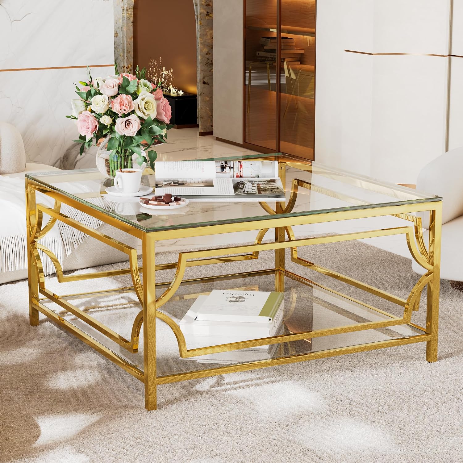 33.5' Square Glass Coffee Table with Storage, Modern 2-Tier Tempered Glass Accent Coffee Table with Metal Frame for Living Room, Minimalist Gold Cocktail Center Table for Office, Apartment