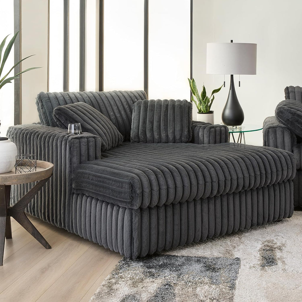 Roundhill Furniture Belvoir 3-Piece Living Room Set, Sofa Cuddle Chaise and Ottoman, Charcoal