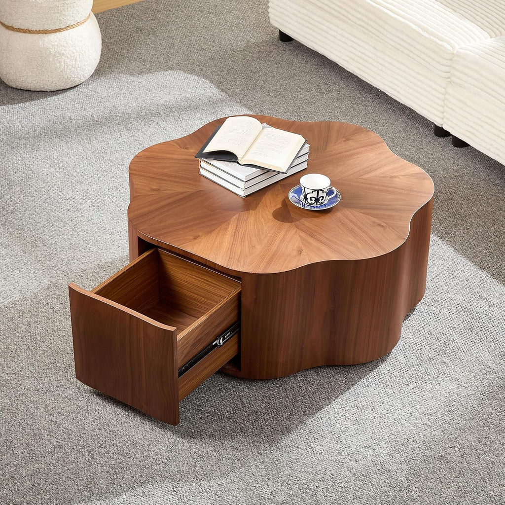 35.43'' Round Coffee Table with Drawer Storage Space for Living Room, Modern Drum Handcraft Wood Petal-Shaped Coffee Table, No Assembly, Walnut