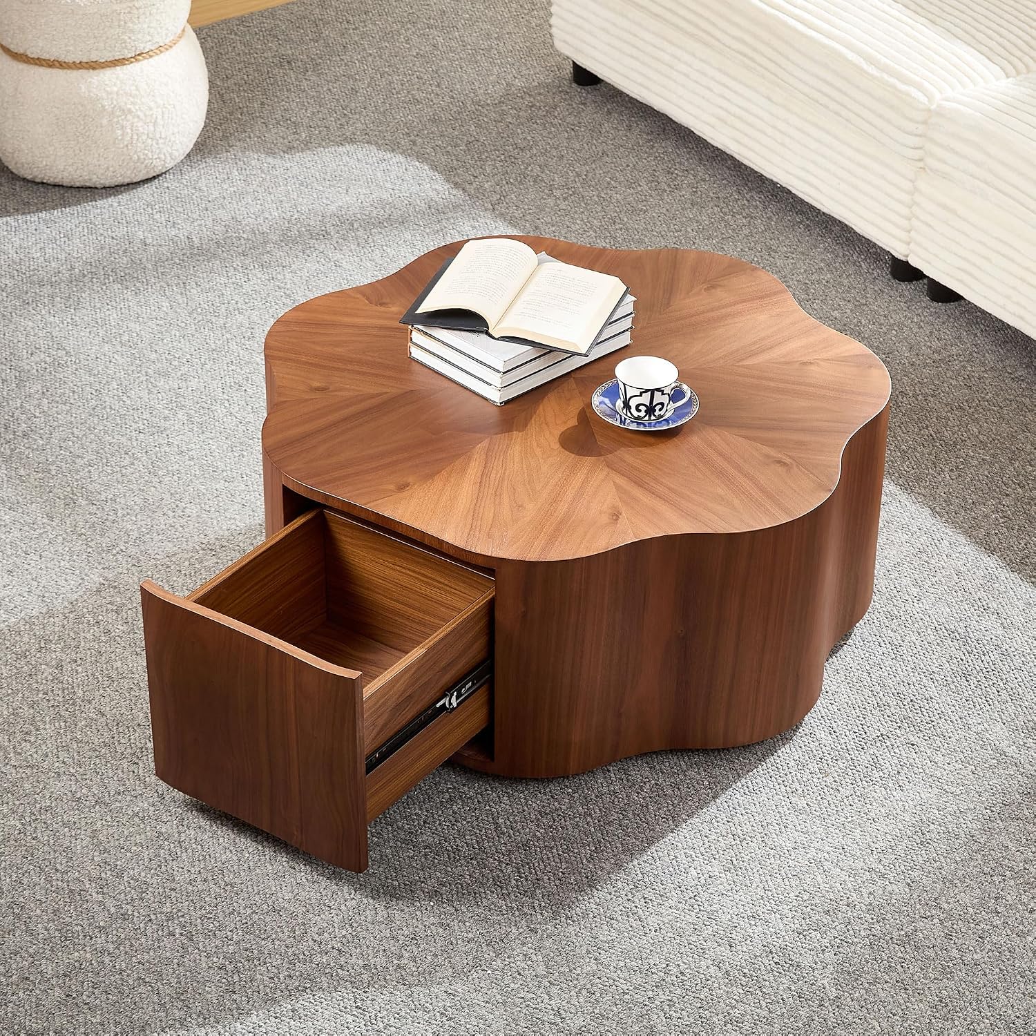 35.43'' Round Coffee Table with Drawer Storage Space for Living Room, Modern Drum Handcraft Wood Petal-Shaped Coffee Table, No Assembly, Walnut