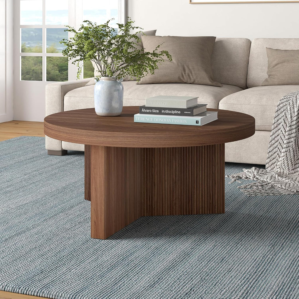 Henn&Hart 32' Fluted Round Low-Profile Coffee Table with Ribbed Pedestal Base Living Room, Family Room, Office, or Apartment, Medium Walnut