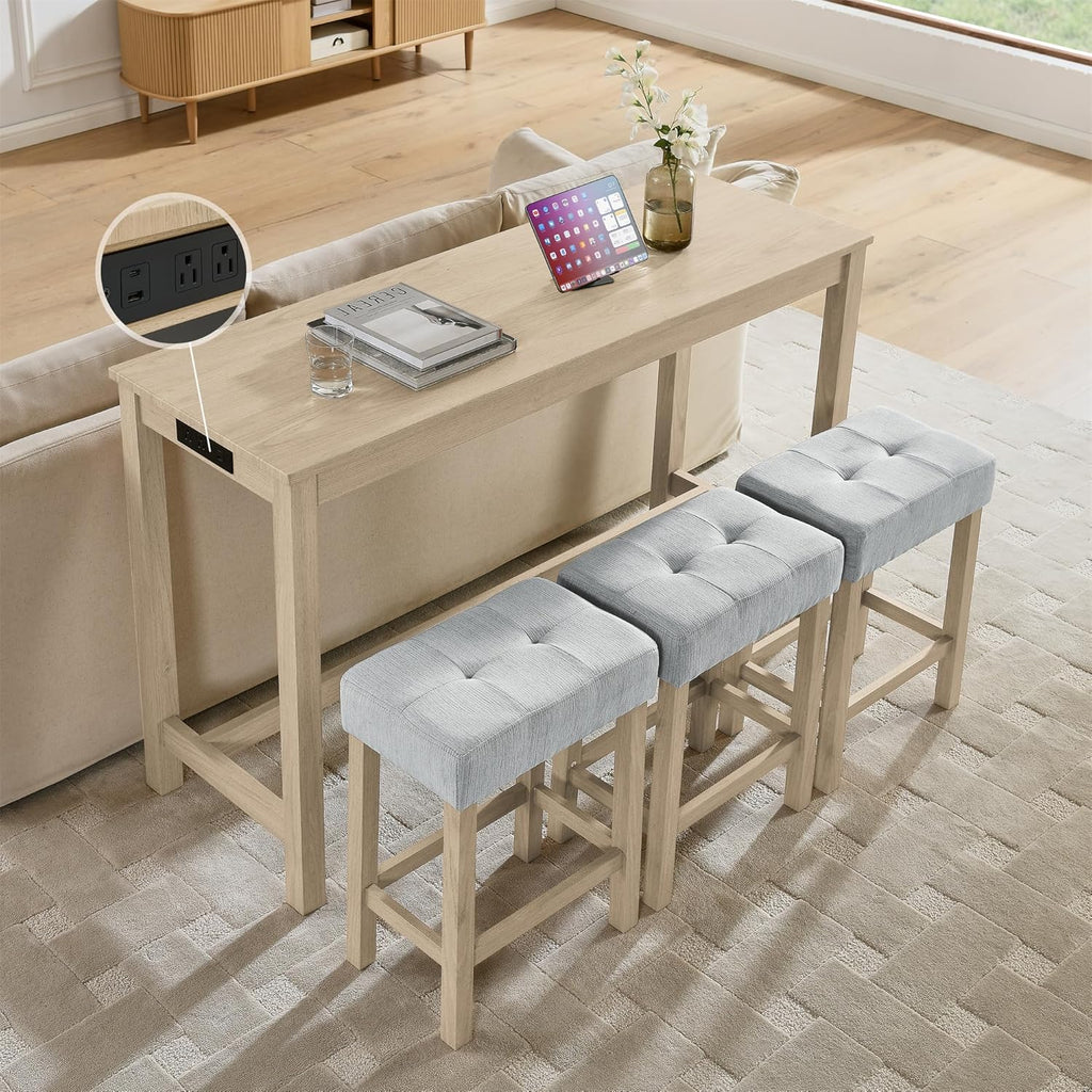 Merax 59 inch Bar Table Set with Power Outlet & Charging Hub, Industrial Solid Wood High Top Table with 3 Linen Upholstered Stools for Kitchen, Living Room, Dining Room,Light Oak+Linen Grey