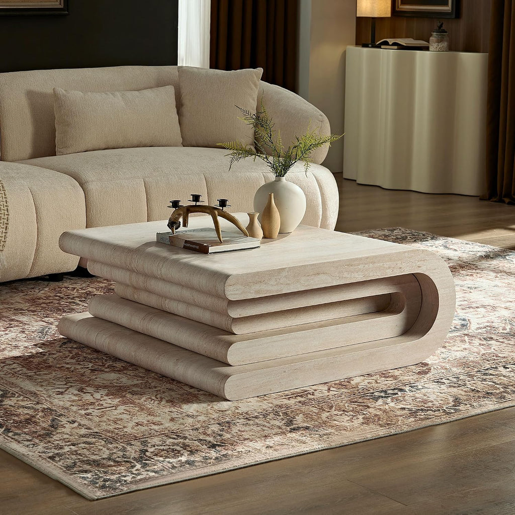 WILLIAMSPACE 33.86' Square Coffee Table with Faux Mars Pattern, Modern Irregular Center Table with Layered Base, Accent MDF Side Tea Table for Living Room Apartment,No Need Assembly (Mars Pattern)