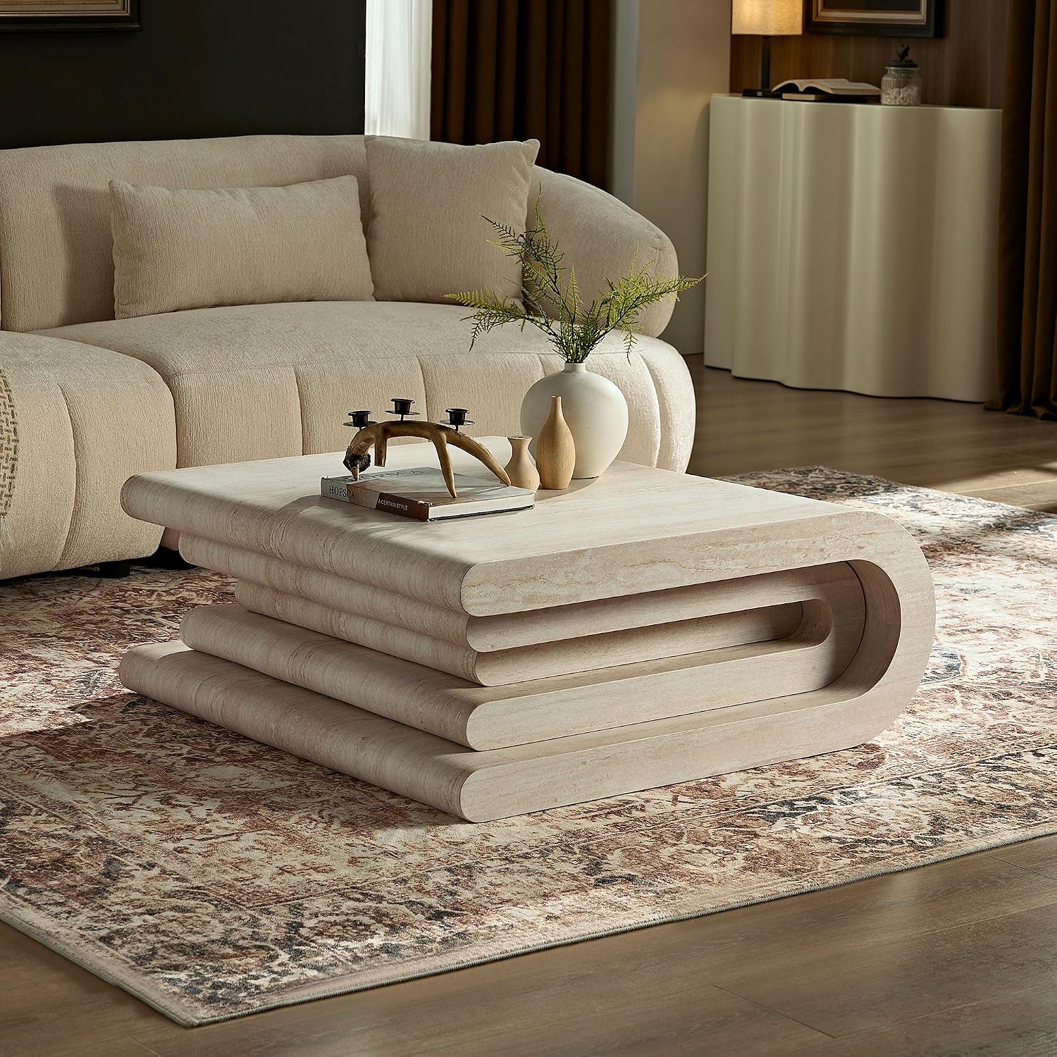 WILLIAMSPACE 33.86' Square Coffee Table with Faux Mars Pattern, Modern Irregular Center Table with Layered Base, Accent MDF Side Tea Table for Living Room Apartment,No Need Assembly (Mars Pattern)