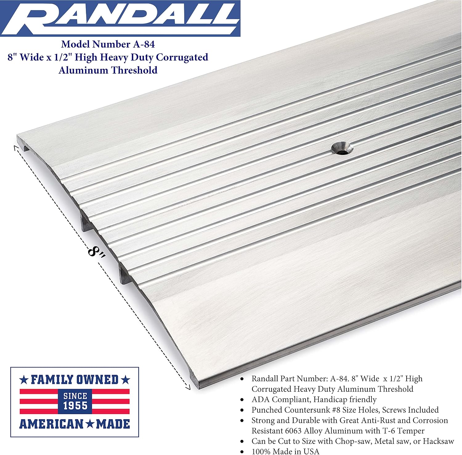 8 FT - 8' Wide x 1/2' High Heavy Duty Corrugated Aluminum Threshold