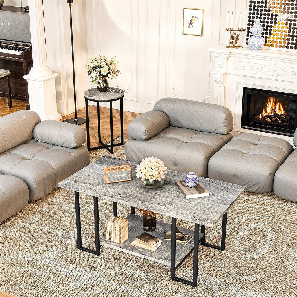 AWQM 3 Pieces Living Room Table Set, Faux Marble Coffee Table with 2 Round End Side Tables, Coffee Table Set with Metal Frame for Apartment Home Office, Grey&Black