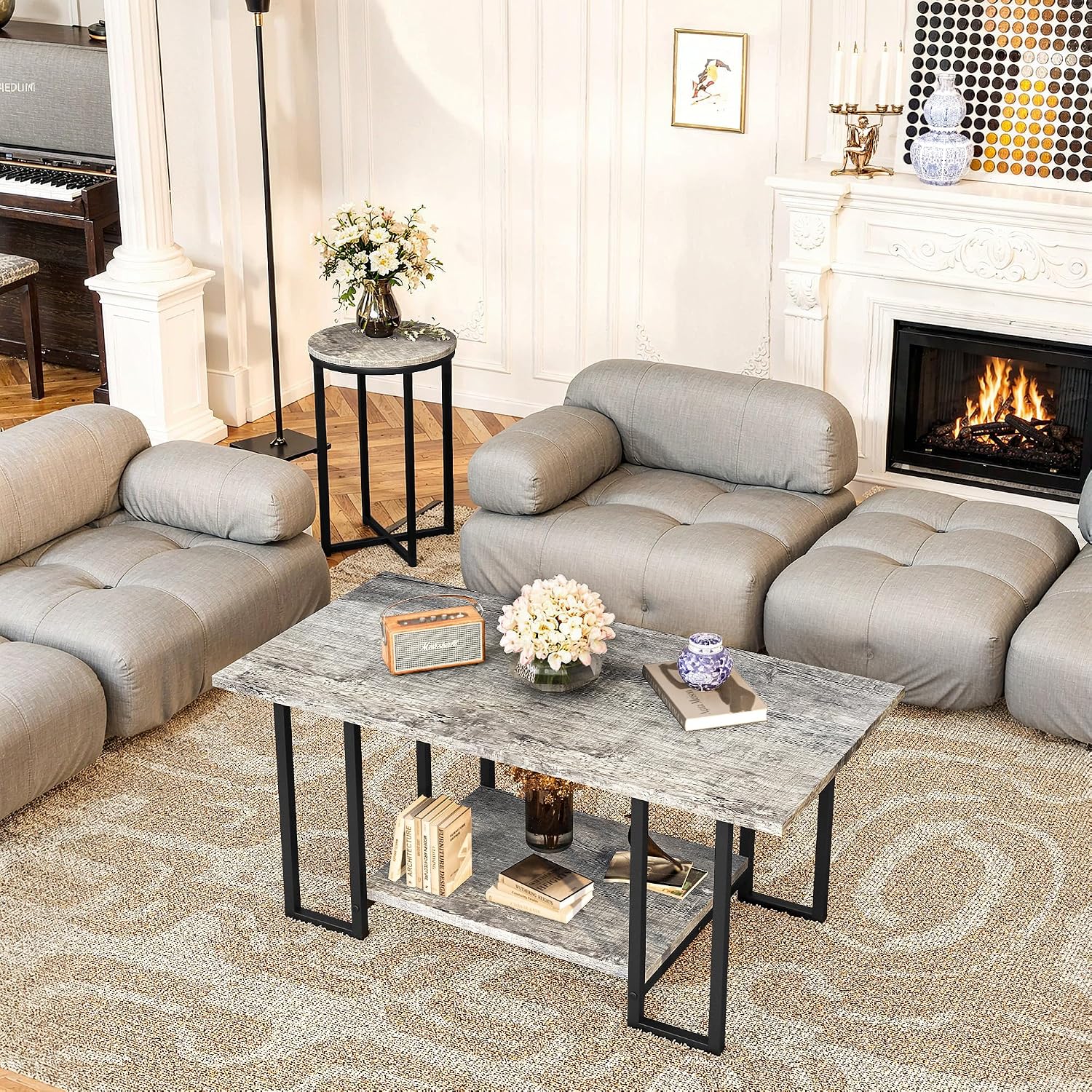 AWQM 3 Pieces Living Room Table Set, Faux Marble Coffee Table with 2 Round End Side Tables, Coffee Table Set with Metal Frame for Apartment Home Office, Grey&Black