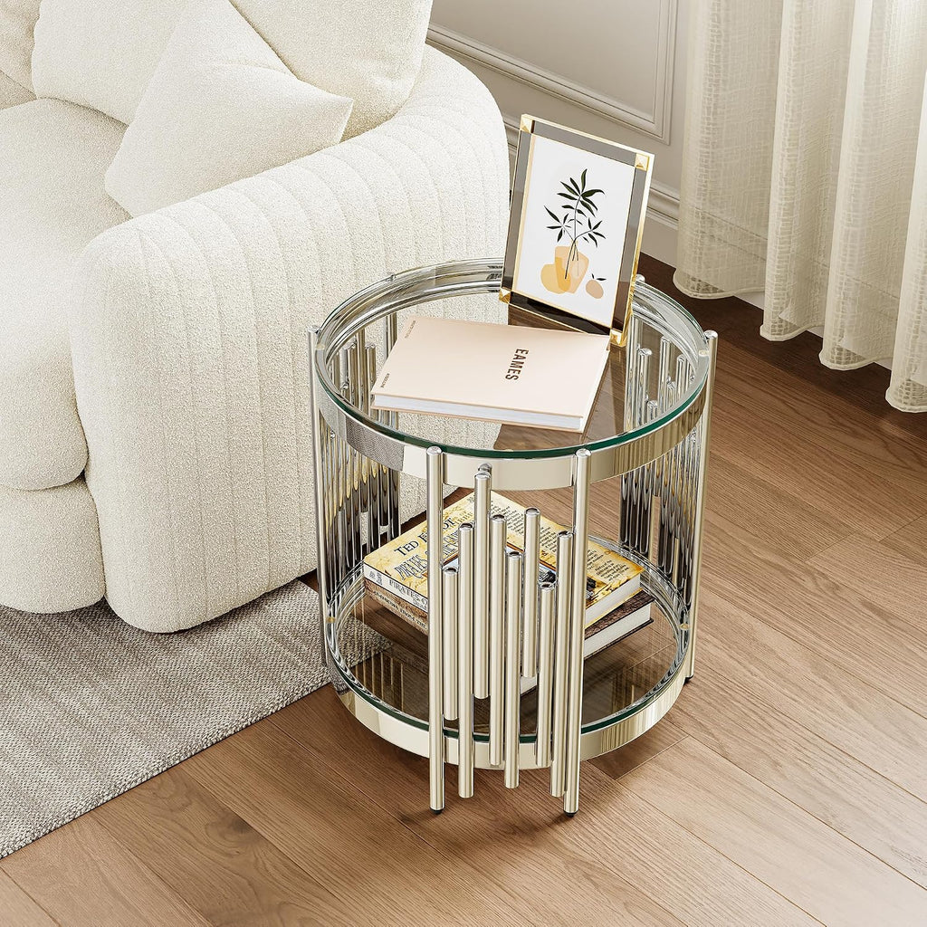 Round Glass End Table, 19' Modern 2-Tier Side Table with Clear Tempered Glass Top and Silver Stainless Steel Base for Living Room or Bedroom