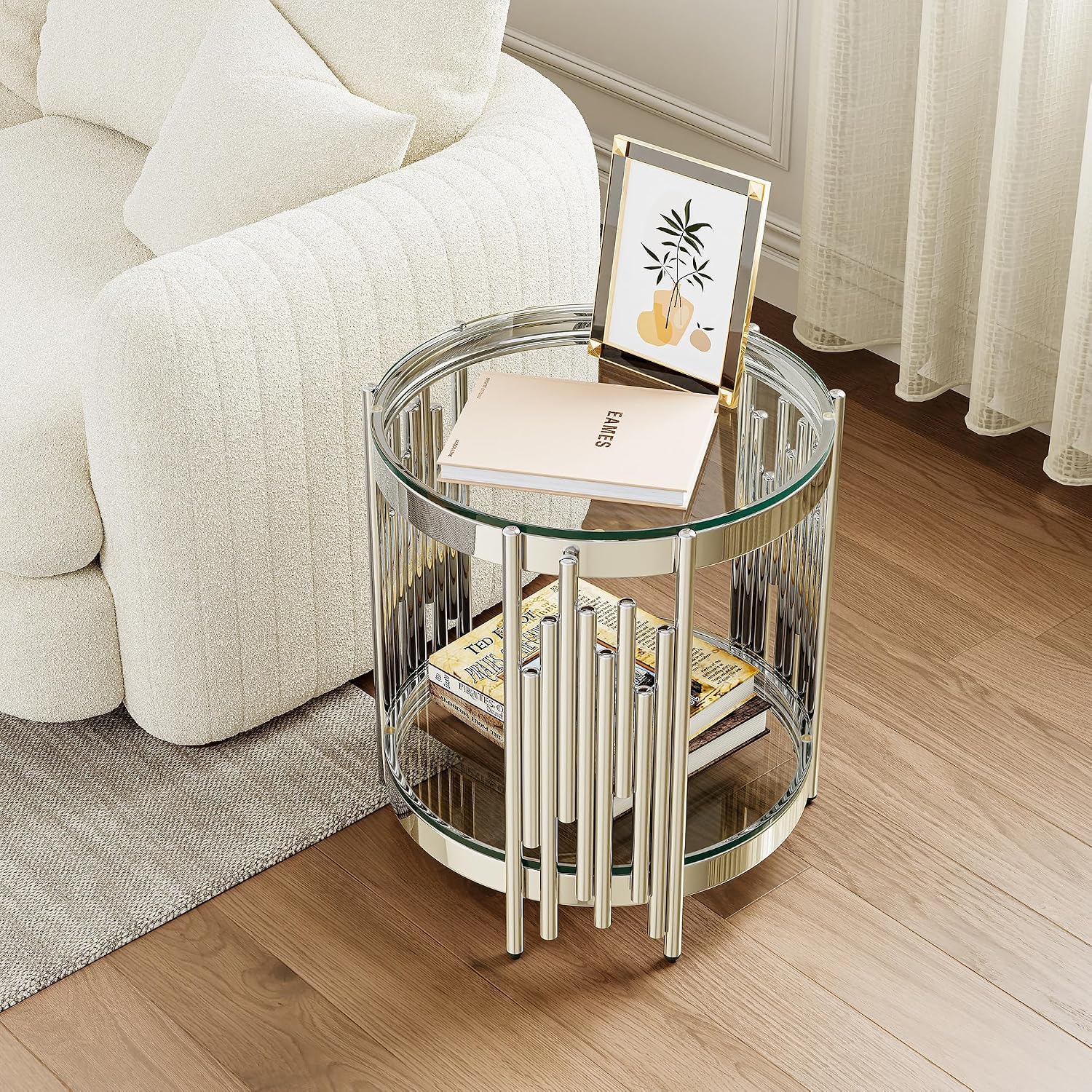 Round Glass End Table, 19' Modern 2-Tier Side Table with Clear Tempered Glass Top and Silver Stainless Steel Base for Living Room or Bedroom