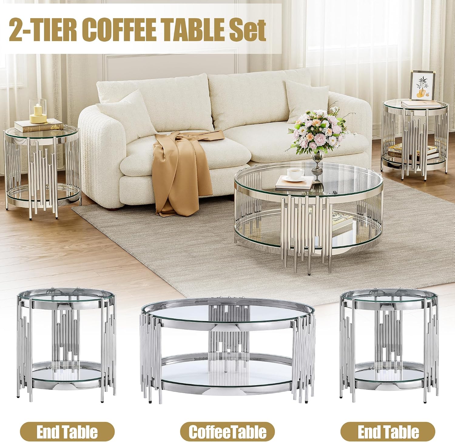 Round Glass Coffee Table Set of 3, 2-Tier Luxury Living Room Table and 2 End Tables, Clear Tempered Glass Tabletop with Silver Mirrored Stainless Steel Table Base, for Living Room, Office, Apartment