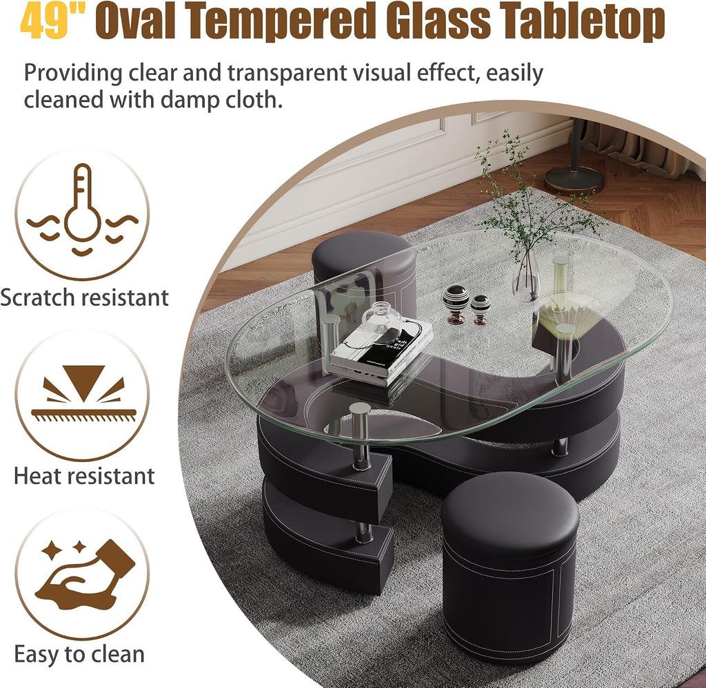 Glass Coffee Table Set with 2 Stools, 49' Oval Coffee Table with Tempered Glass Table Top and 2 Leather Stools, Modern Glass Center Table for Living Room, Home Office
