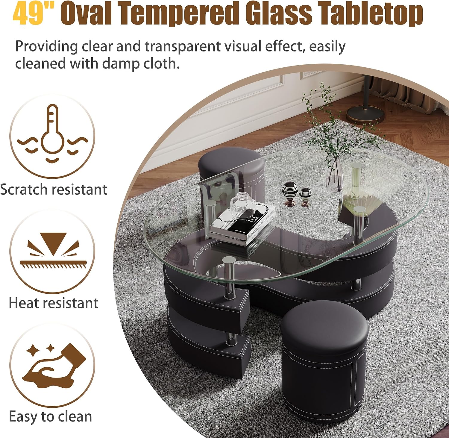 Glass Coffee Table Set with 2 Stools, 49' Oval Coffee Table with Tempered Glass Table Top and 2 Leather Stools, Modern Glass Center Table for Living Room, Home Office