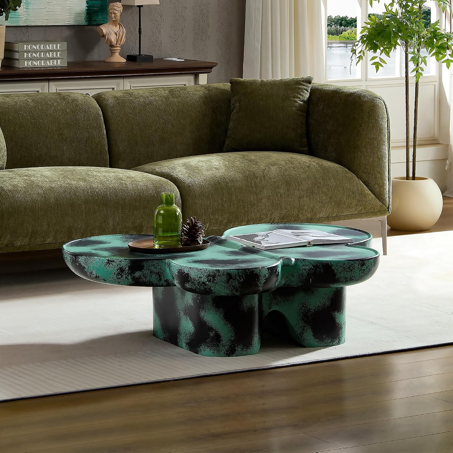 Large 47-inch Modern Glass Top Coffee Table, Mid-Century Green & Black Accent Table for Spacious Living Room, Lounge or Office (Green + Black)