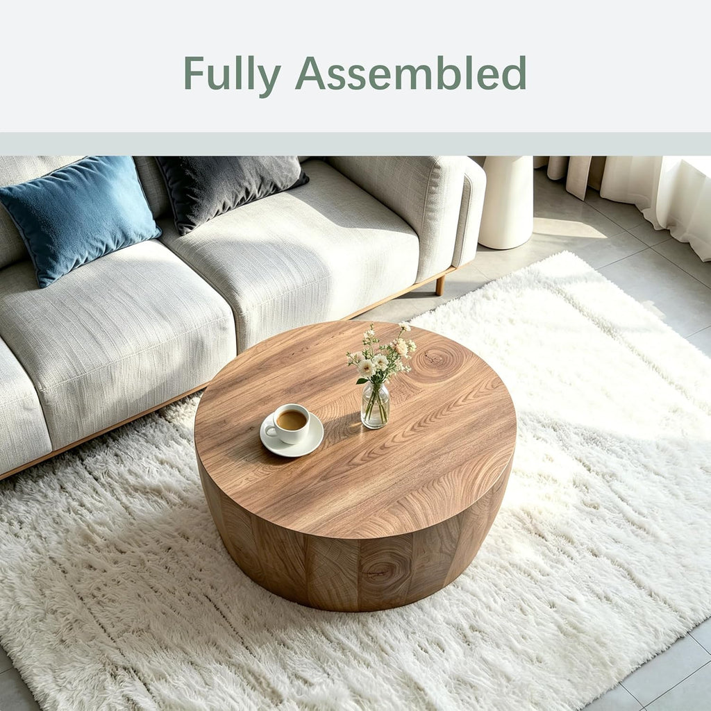Round Coffee Tables for Living Room Small Modern Drum Coffee Table Rustic Farmhouse Wood Circle Center Table - Fully Assembled 29.5'