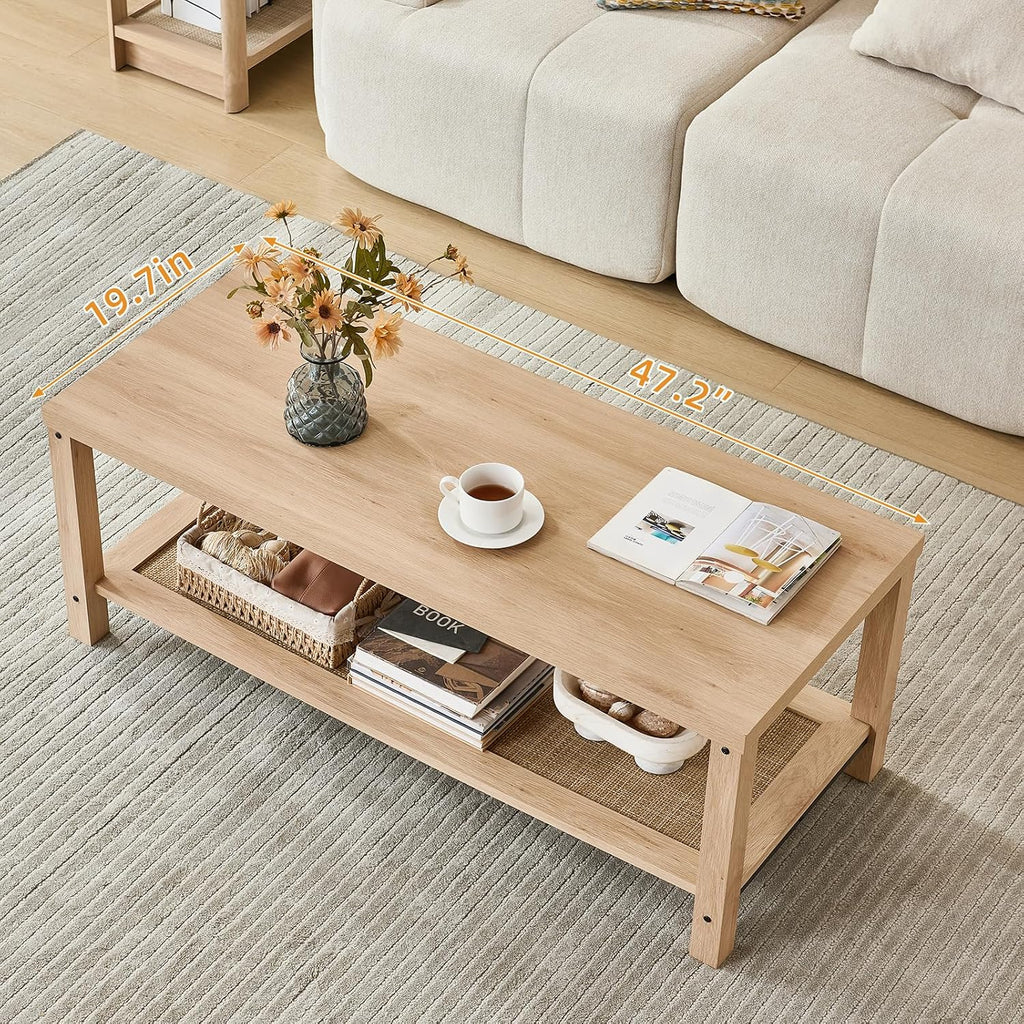Lerliuo Boho Coffee Table Set of 3, Rattan Coffee and End Table Sets with Charging Station, Living Room Table Set with Open Shelf for Living Room, Natural Wood