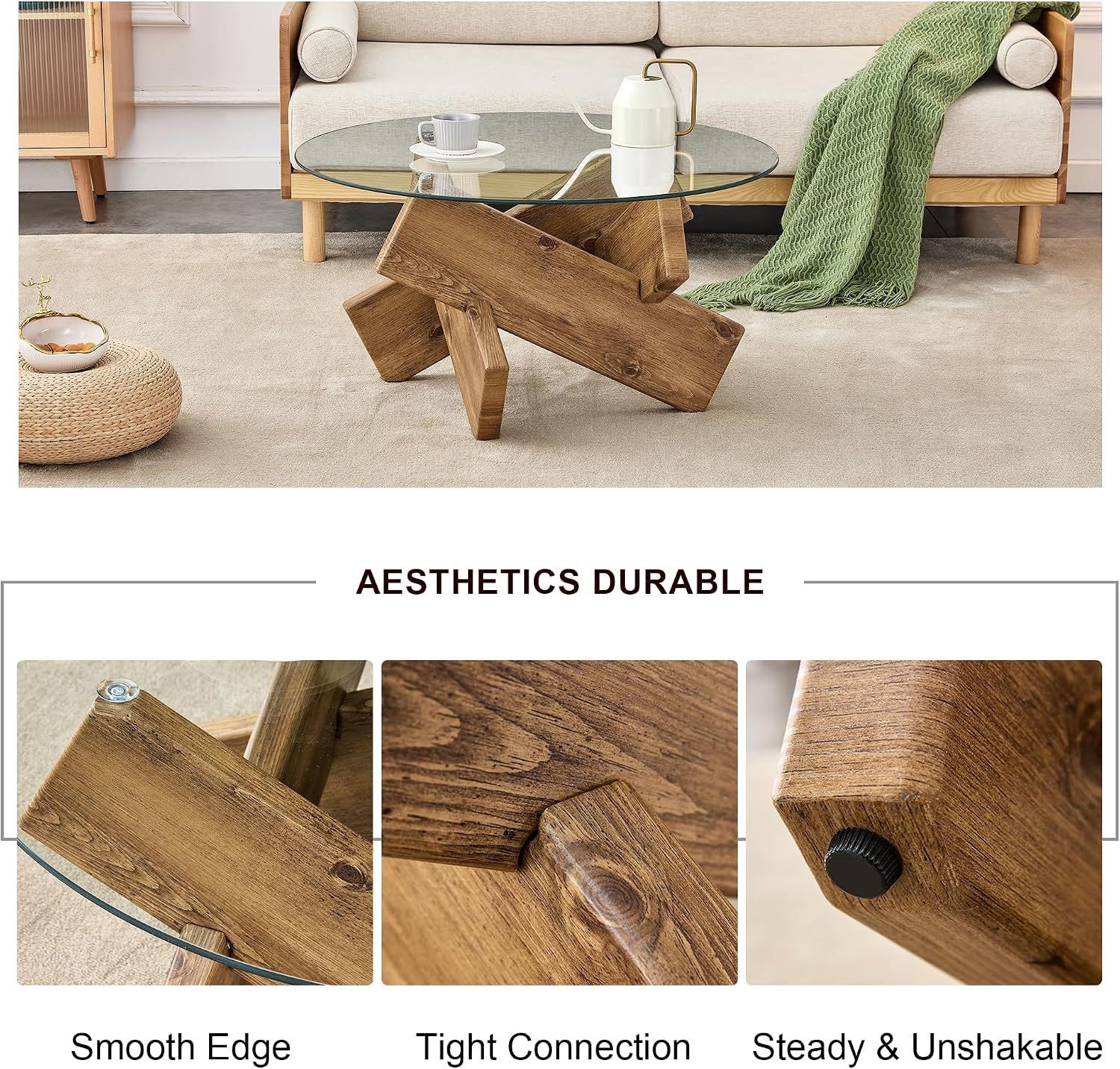 33.4'' Tempered Glass Round Coffee Table for Living Room, Modern Circle Coffee Table, Glass Tabletop & Wood Base, Easy Assembly, Natural