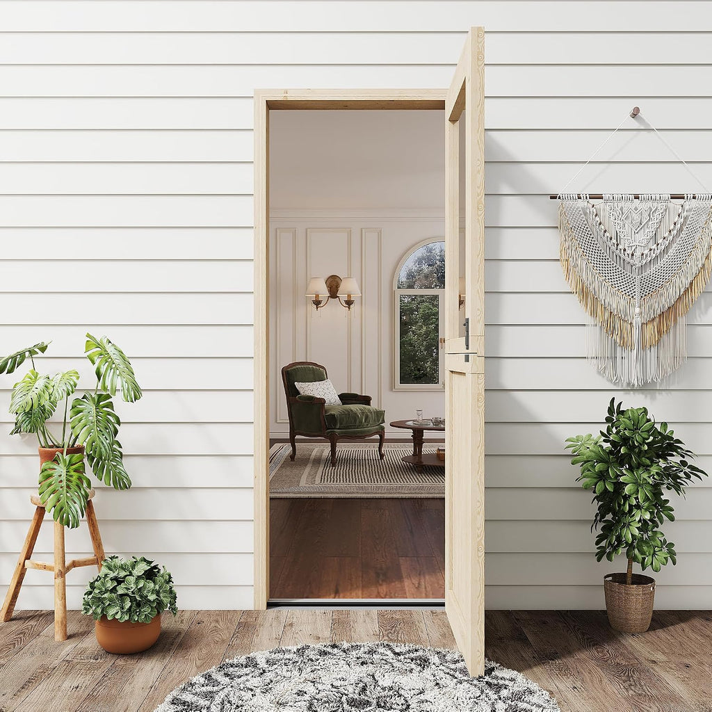 30' x 80' Dutch Door with Threshold, 1.75' Pine with 1-Lite Glass Split Half Door for Exterior Front Entry, Patio Doorway & Interior Pantry/Back w/1 Door Slab+1 Sill+4 Hinges+1 Latch