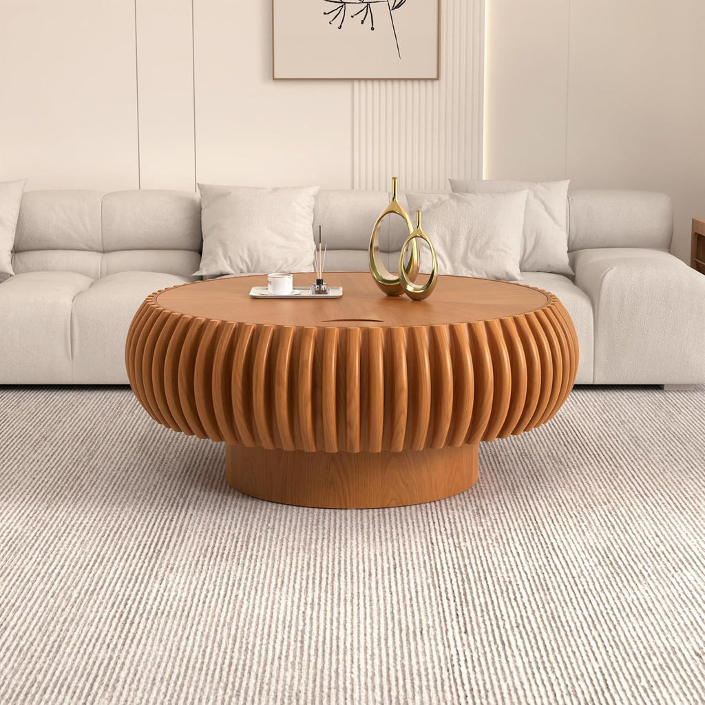 31.5' Round Drum Coffee Table with Hidden Storage, Modern Fluted Coffee Tables with Solid Wood Veneer, Wooden Circle Center Table for Living Room, Small Spaces, and Apartments, Easy Assembly
