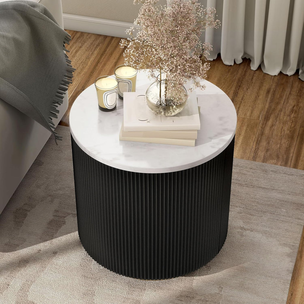 Furniture of America Beryl Modern Round White Genuine Marble Top End Table with Fluted Pedestal Base and Gold Stainless Steel Accent, Low Profile Table for Living Room, Home Office, Black