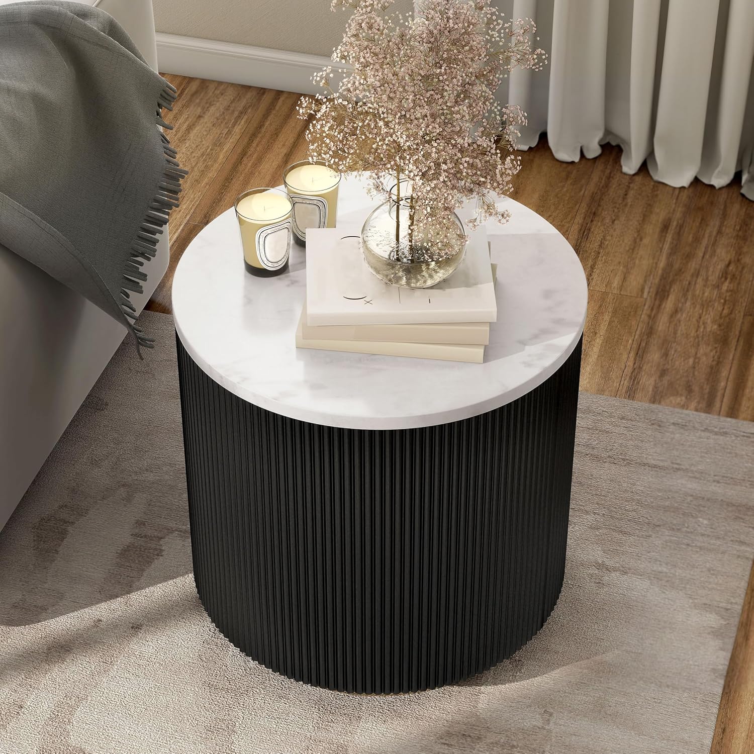 Furniture of America Beryl Modern Round White Genuine Marble Top End Table with Fluted Pedestal Base and Gold Stainless Steel Accent, Low Profile Table for Living Room, Home Office, Black