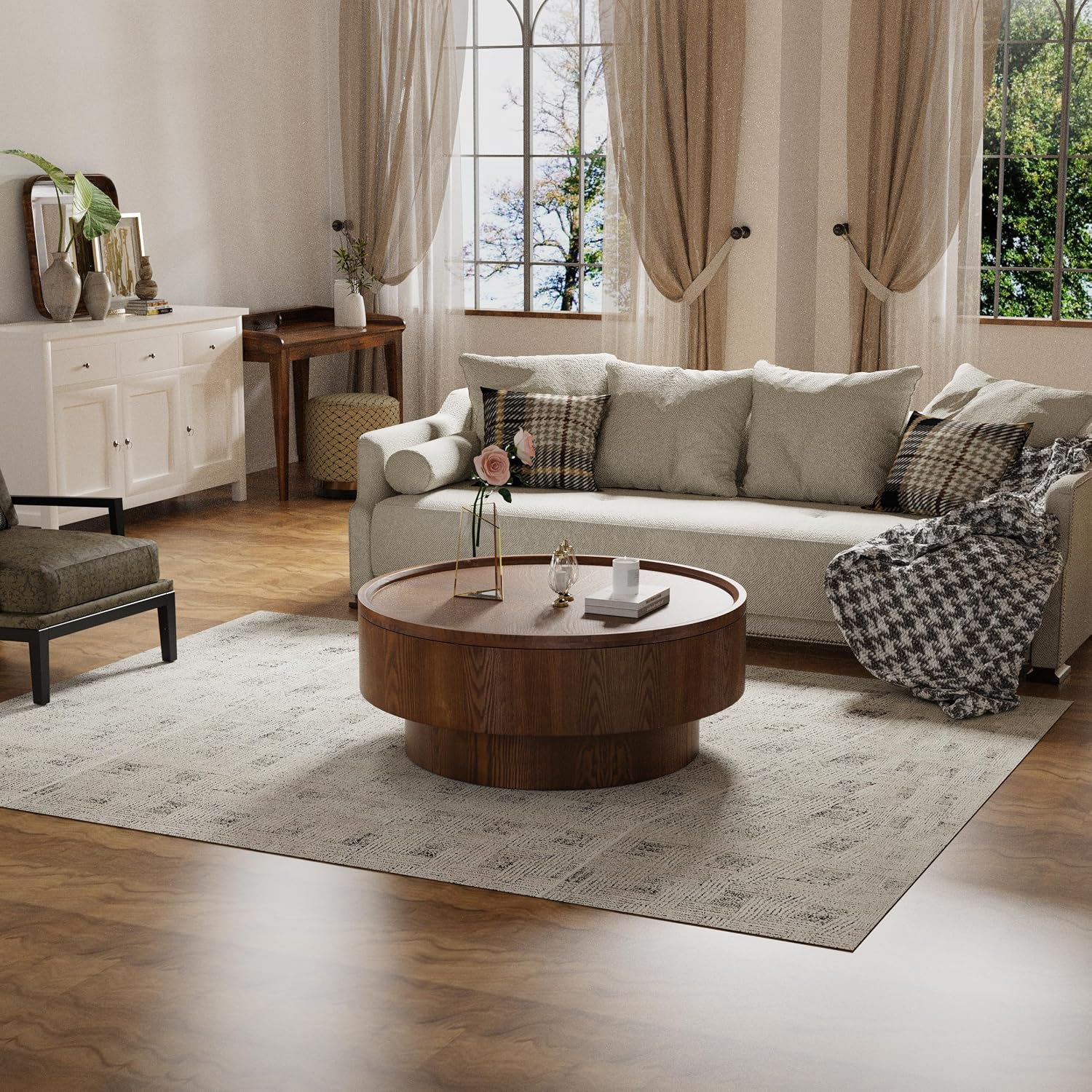 30.7'' Round Storage Coffee Table, Modern Drum Coffee Tables with Solid Wood Veneer, Wooden Circle Center Table for Living Room, Small Spaces, and Apartments, Easy Assembly