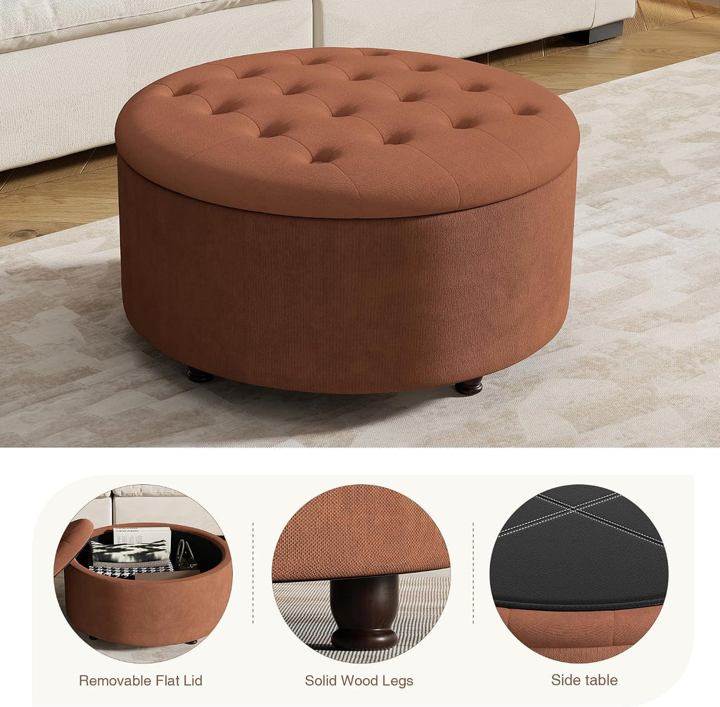 30 Inch Round Storage Ottoman,Modern Tufted Ottomans,Upholstered Large Ottoman with Storage with Removable Top Footrest Stool for Bedroom Living Room (Orange)