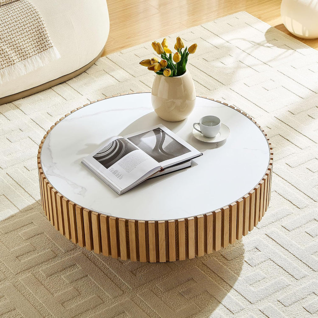 WILLIAMSPACE 35.43' Round Coffee Table with Sintered Stone Tabletop, Modern Farmhouse Wood Circle Drum Center Table for Living Room, Accent Side End Table for Apartment, 13.77' H (Oak+White)
