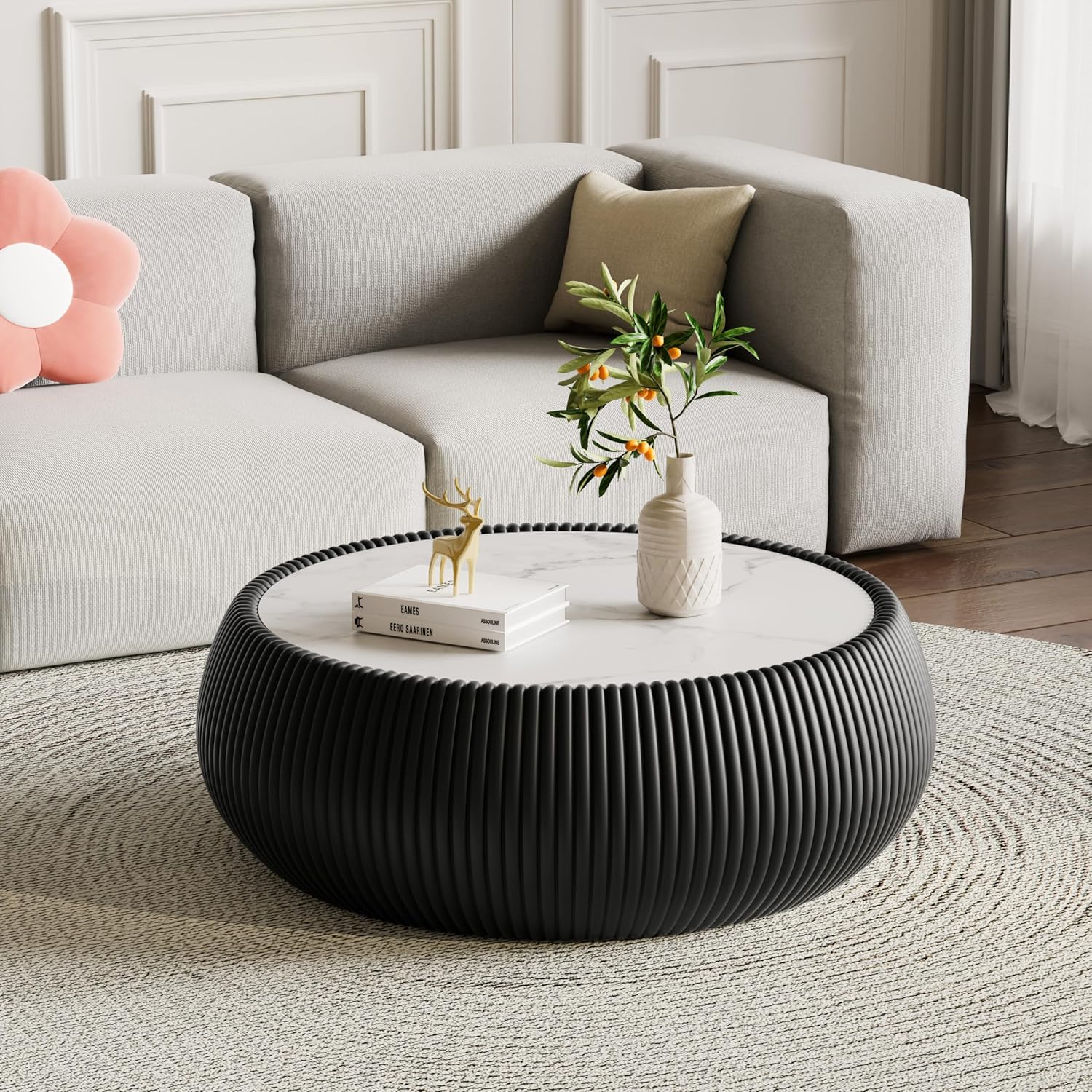 Round Drum Coffee Table Luxury Sintered Stone Top Coffee Table in Black Leatherette, Fully Assembled Drum-Shape Cocktail Center Table for Living Room Bedroom
