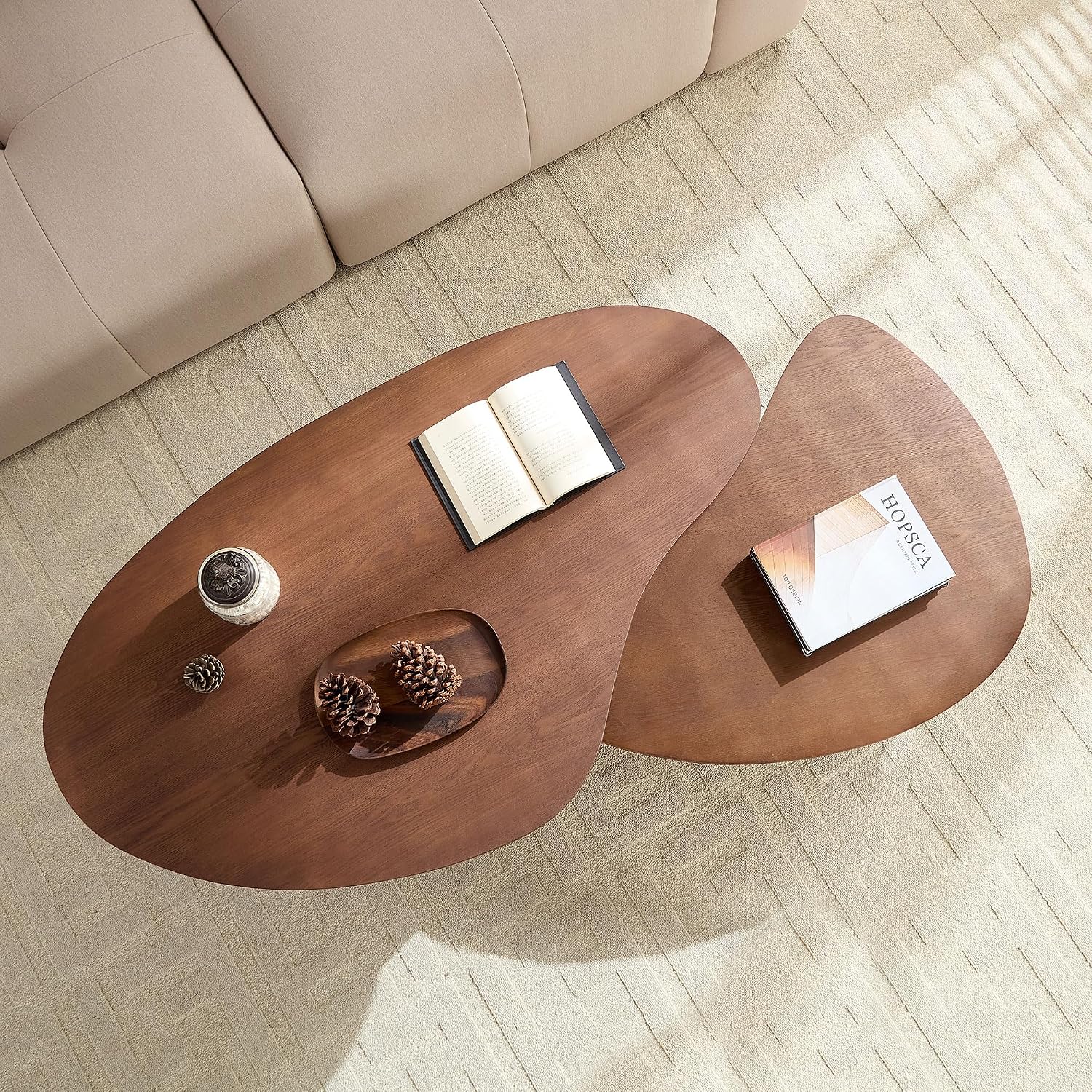Nesting Coffee Table Set of 2, Modern Irregular Nesting Tables Wooden Center Circle Accent Tea End Side with Fluted Legs for Living Room, Apartment, Office 49.41' W Walnut