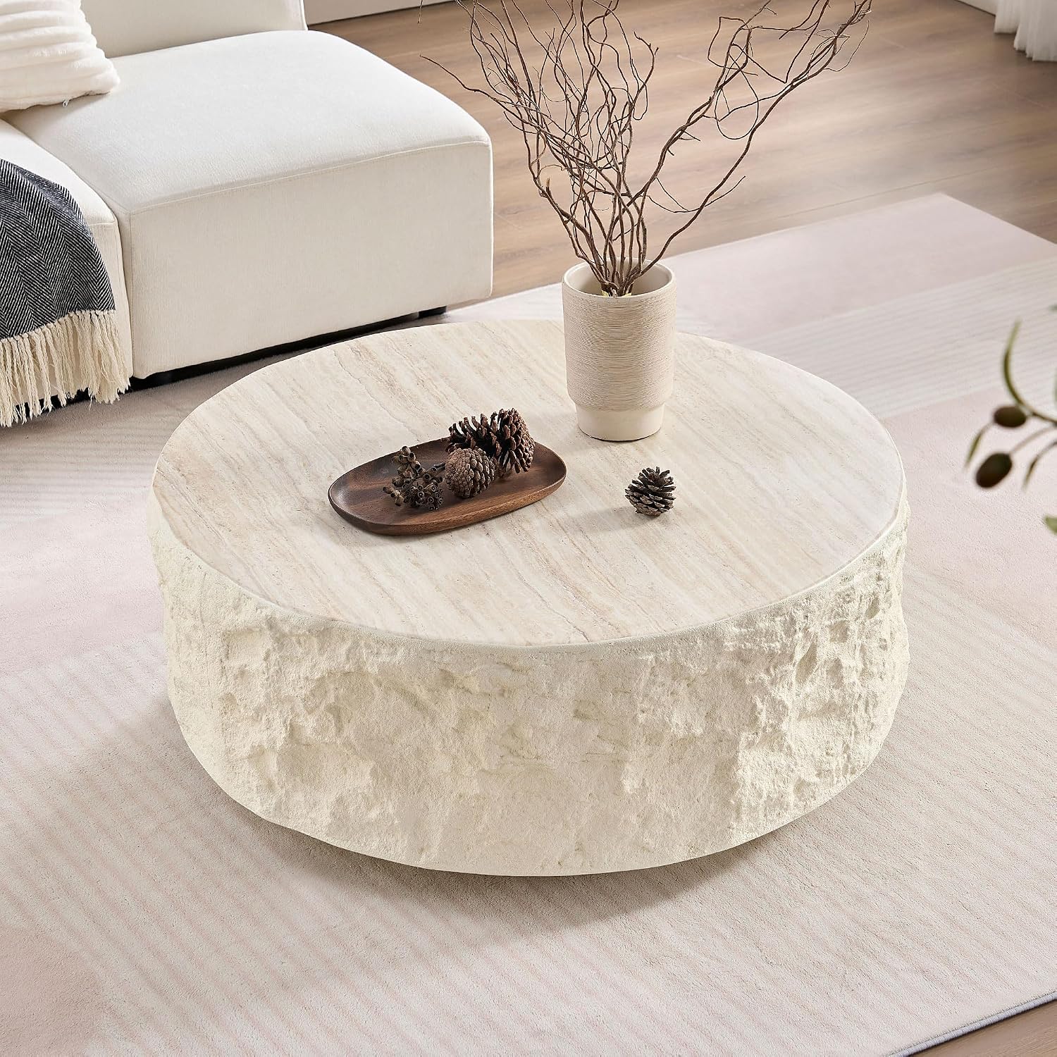 Faux Rock Coffee Table with Round White Design,Drum Coffee Table Fiberglass Circle Tea Table for Living Room Accent Central Table No Need Assembly
