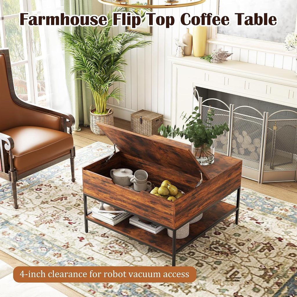 KEIKI 31.5' Flip-Top Coffee Table with Storage, Lift-Top Table, Dark Walnut & Black Metal, Farmhouse Modern Rectangular Living Room Table with Hidden Compartment & Open Shelves, Black