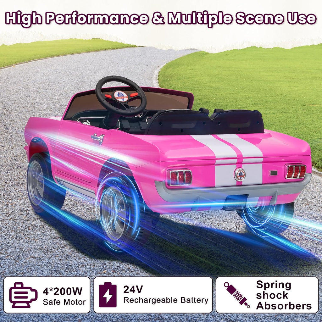 Wanan 24V Licensed Shelby Electric Car for Kids, Ride On Toy with Remote Control, Bluetooth Music, Adjustable 3 Speed, Multiple Panel, LED Lights, Shock Absorbers, Safety Belt (24V, Pink)