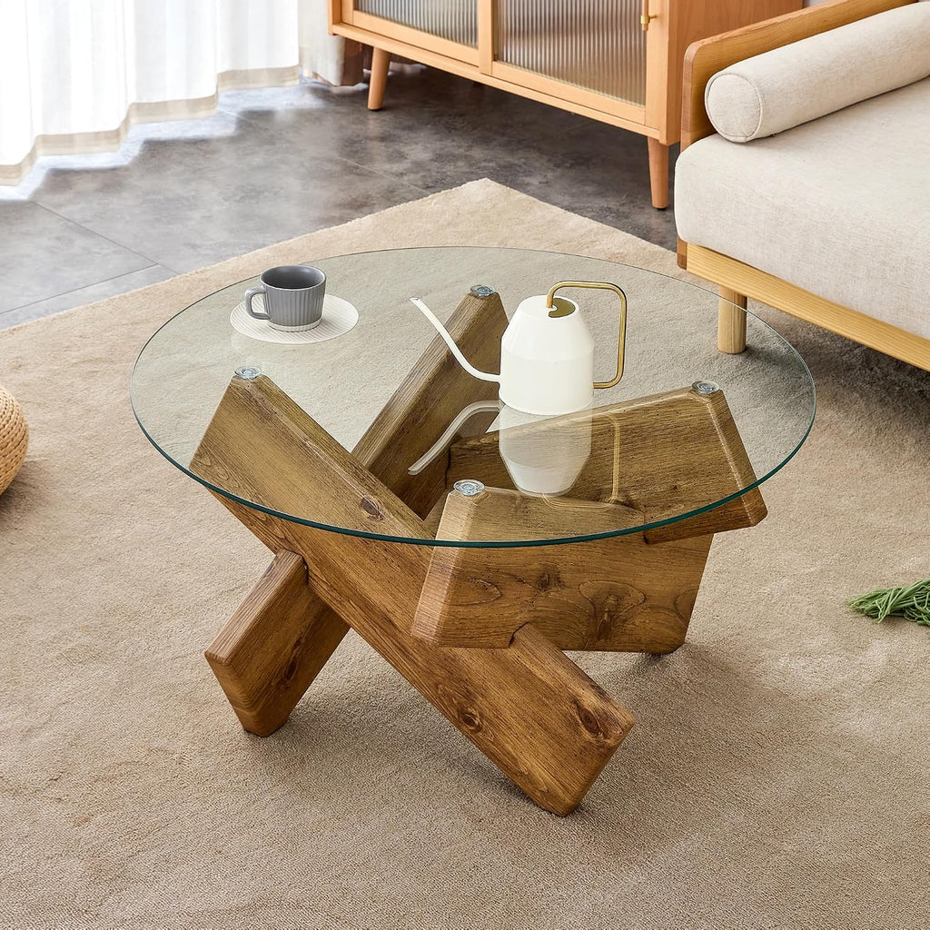 33.4'' Tempered Glass Round Coffee Table for Living Room, Modern Circle Coffee Table, Glass Tabletop & Wood Base, Easy Assembly, Natural