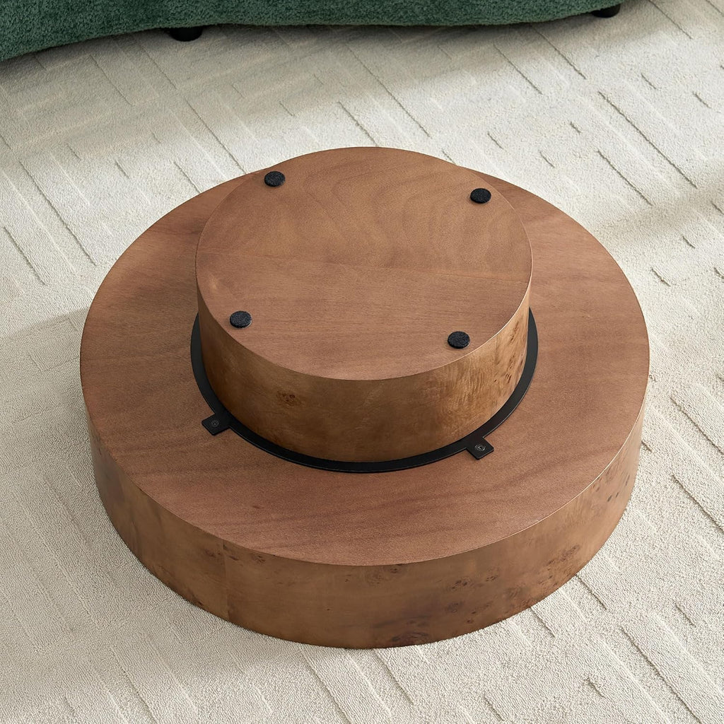 31.49'' Round Coffee Table Modern Wood Coffee Table for Living Room, Contemporary Circle Drum Pedestal Style, Burl Wood Veneer, Easy Assembly, Walnut