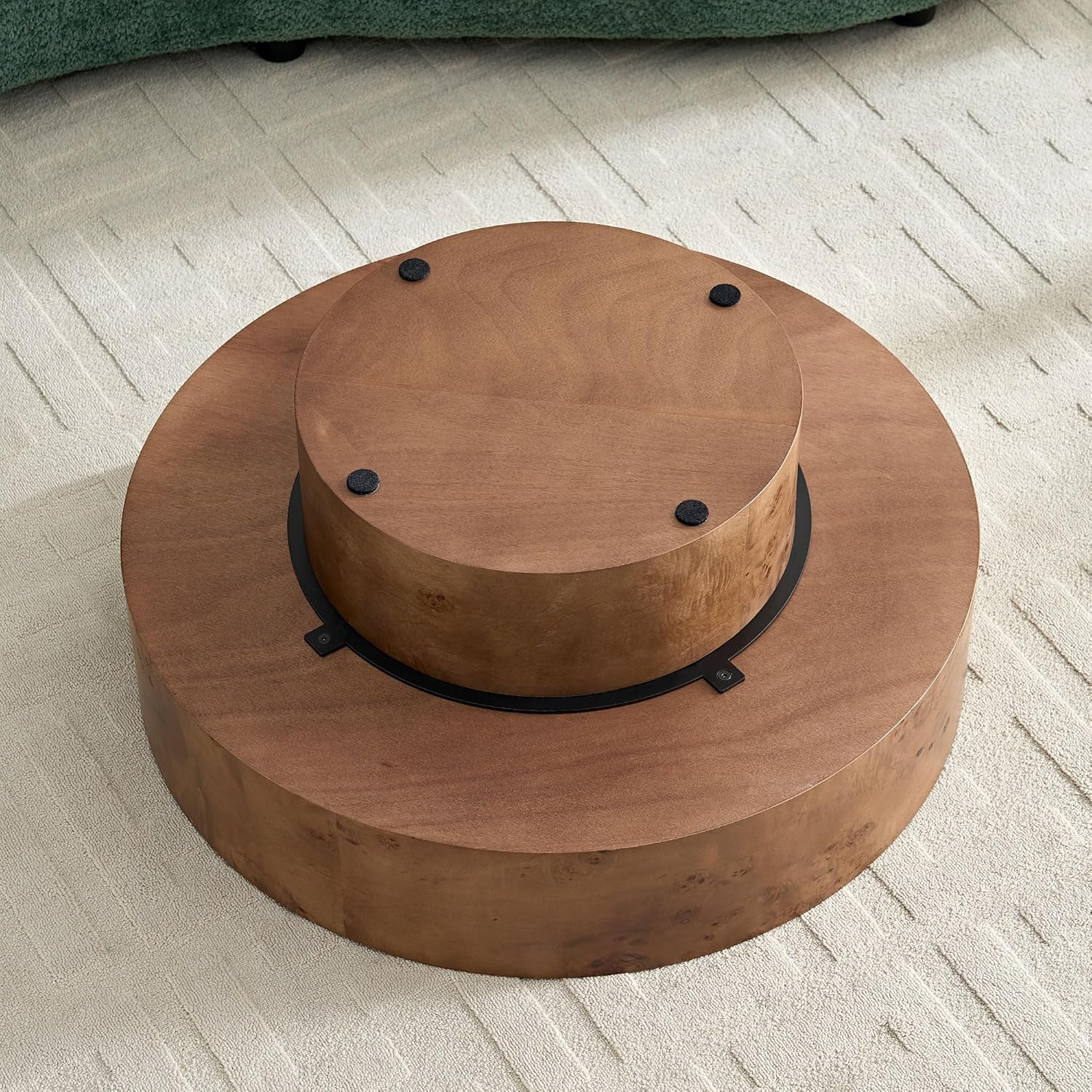 31.49'' Round Coffee Table Modern Wood Coffee Table for Living Room, Contemporary Circle Drum Pedestal Style, Burl Wood Veneer, Easy Assembly, Walnut