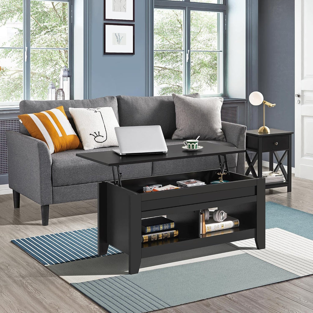 Yaheetech 41in Coffee Table and 2PCS Side Tables Set, Lift Top with Compartment and 3 Tier End Table with Storage Shelf, Living Room Coffee Table with Sofa, Black