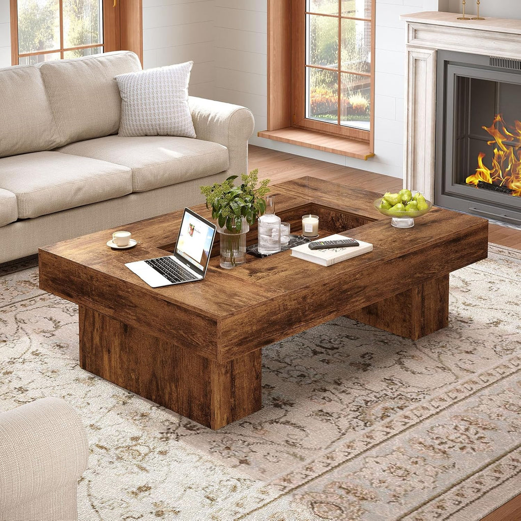 LVB Rustic Coffee Table, Large Wood Living Room Table with Storage, Modern Long Rectangle Led Center Table, Farmhouse Unique Low Wide Tea Table with LED Light for Home Office, 47.24 in, Rustic Brown