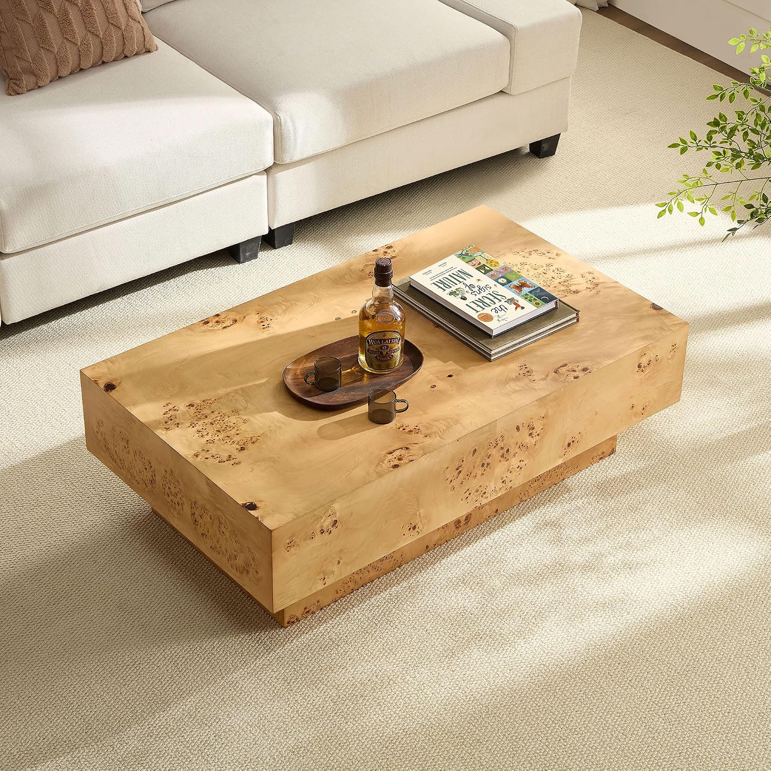 WILLIAMSPACE 43.31' Rectangle Coffee Table with Burl Wood Veneer & Sturdy Base, Modern Luxury Wood Drum Center Table End Table Accent Side Table for Living Room, Minimalist Fluted Design, Oak