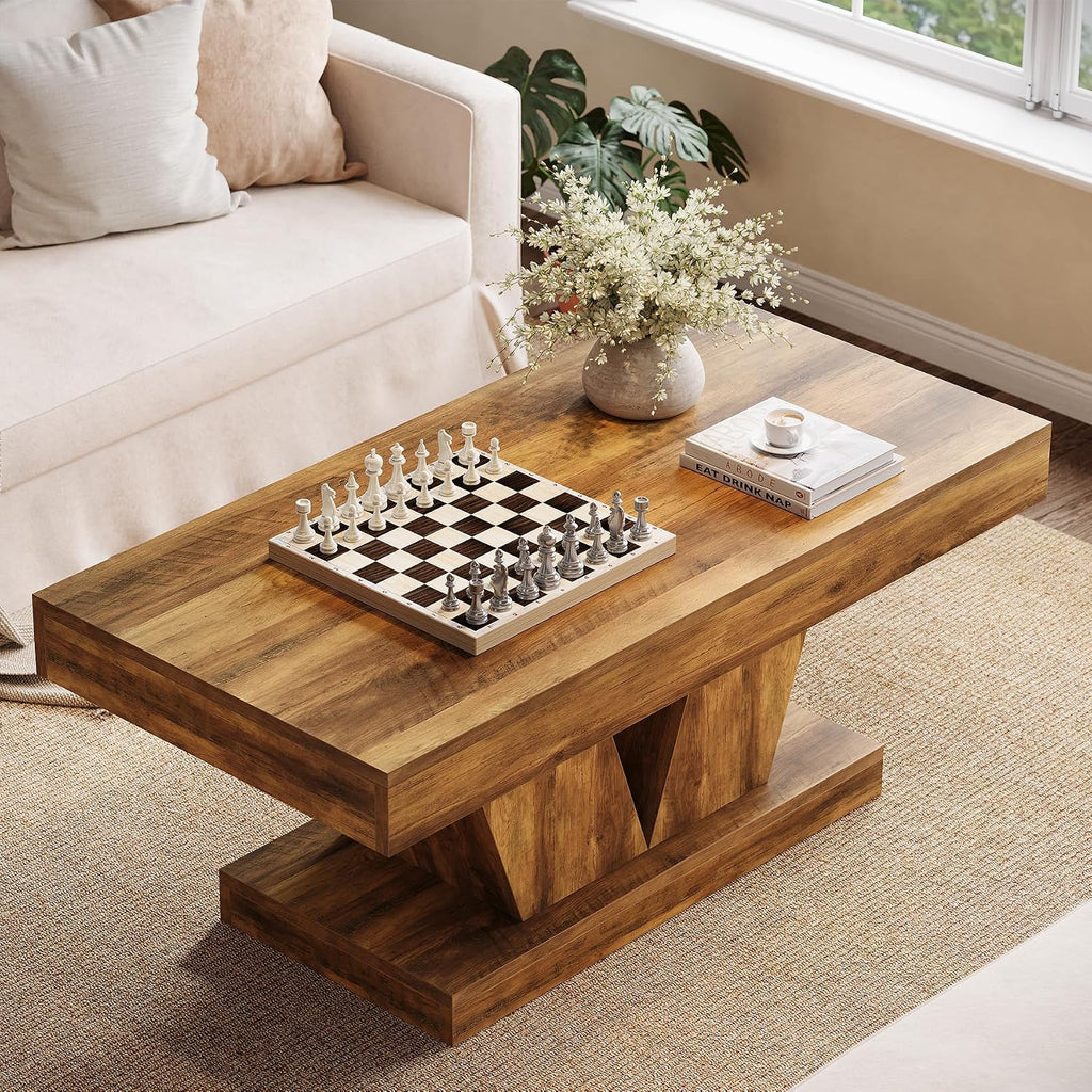 Tribesigns Farmhouse Rectangular Coffee Table, 47.2' Mid-Century Wooden Center Table with Thick Sculptural Base, Modern Rustic Accent Furniture for Living Room, Rustic Brown