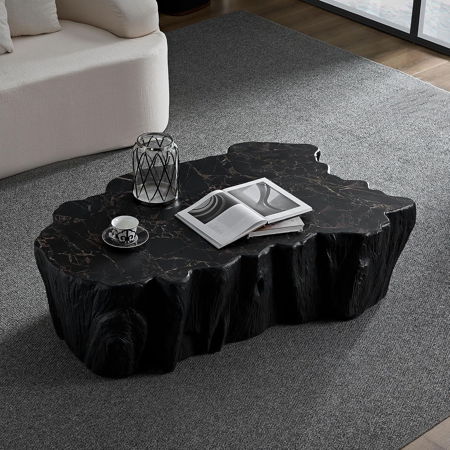WILLIAMSPACE 48.62' Irregular Coffee Table with Tree Root Design for Living Room, Modern Luxury Fiberglass Center Table with Unique Shape, Accent End Tea Table for Apartment, No Need Assembly (Black)