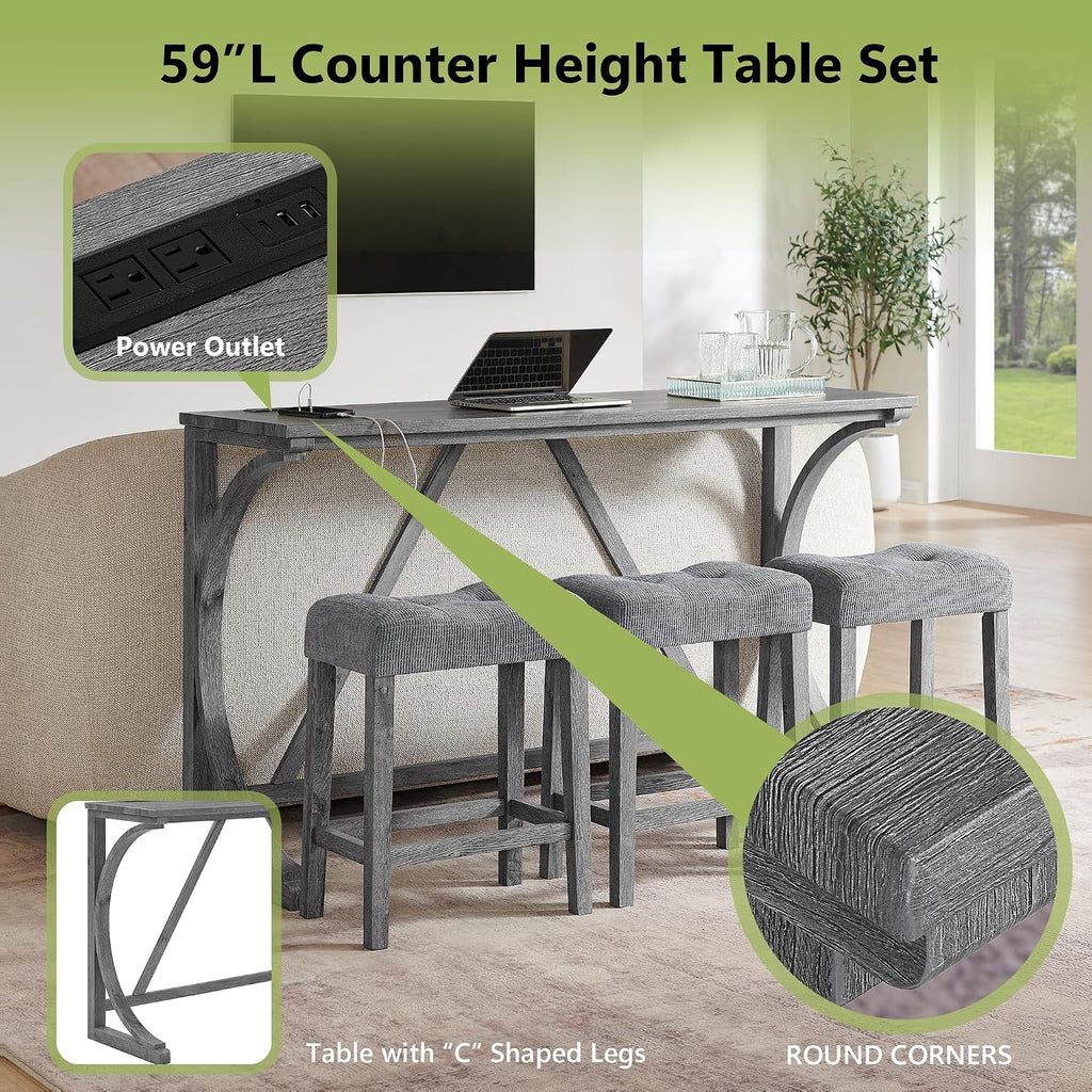 Merax 59 Inch Industrial Bar Table Set with Power Outlet, 3 Linen Upholstered Stools, Counter Height Table Set with 24 Inch Seat Height Stools for Kitchen, Living Room,Grey+Gray