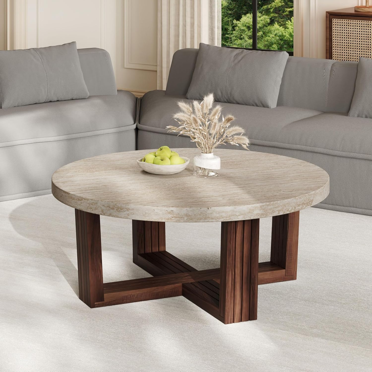 Christopher Knight Home Yone 31.5'' Modern Round Coffee Table for Living Room Furniture/Apartment, Side Table with Marble Pattern Top, Wooden End Table with Cross Metal Base, Brown + Beige