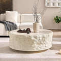 Faux Rock Coffee Table with Round White Design,Drum Coffee Table Fiberglass Circle Tea Table for Living Room Accent Central Table No Need Assembly