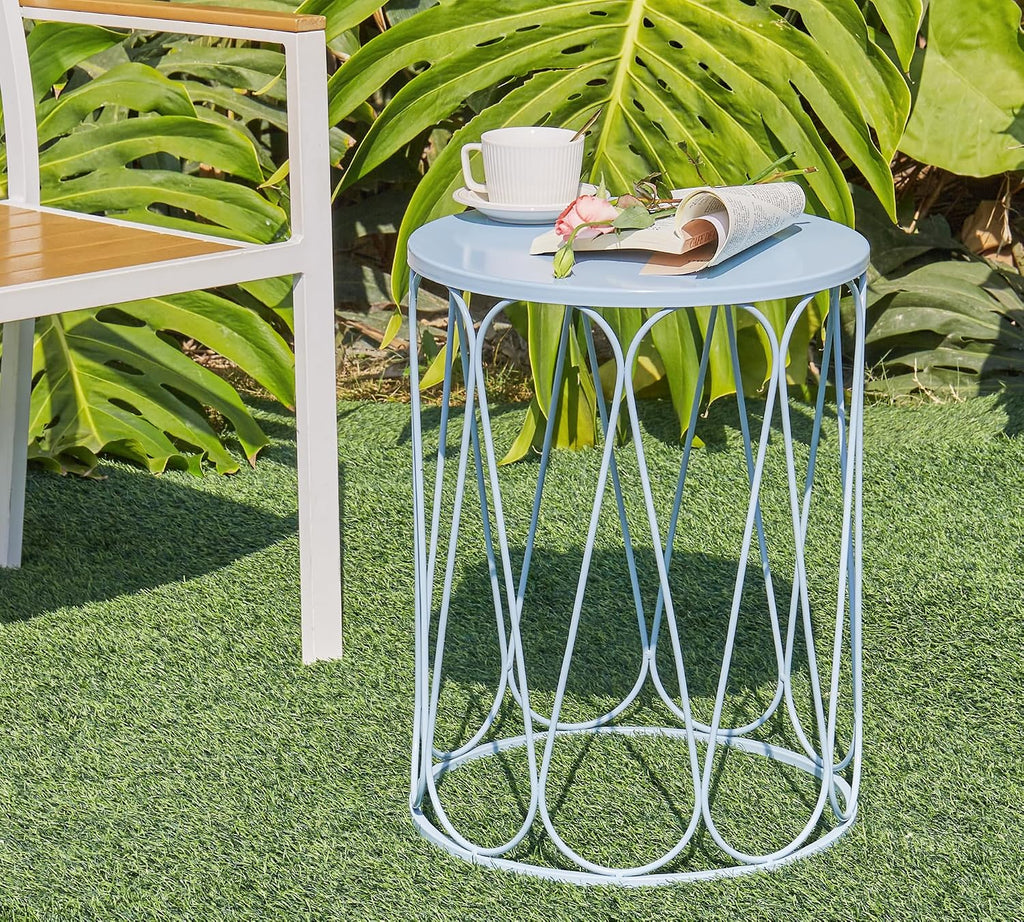 HFHOME Set of 3 Metal Outdoor Side Table, Nesting Round Coffee Table for Indoor Outdoor, Heavy Duty End Tables Plant Stand Living Room Garden Stool - Blue