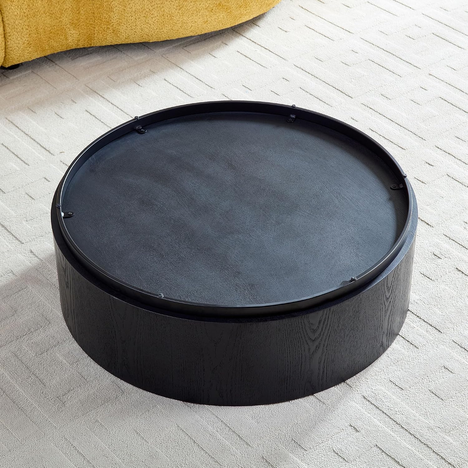 ø35.43'' Black Round Coffee Table, Modern Circle Wood Drum Coffee Table for Living Room, No Assembly, Black