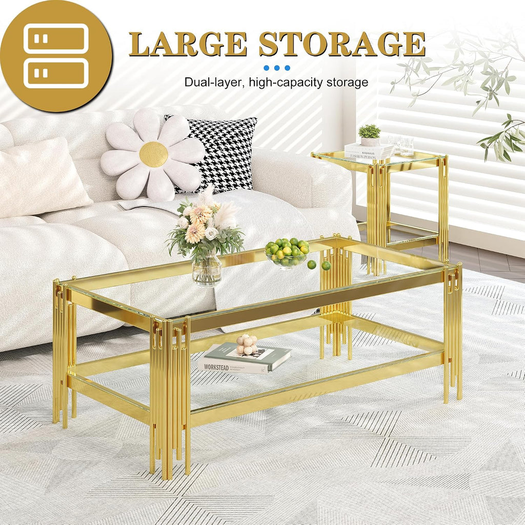 AF ARTISAN FURNITURE 2-Tier Glass End Table Modern Square Living Room Table Sofa Side Table, Stainless Steel Metal Leg Tempered Glass Small Corner Table, Clear&Gold